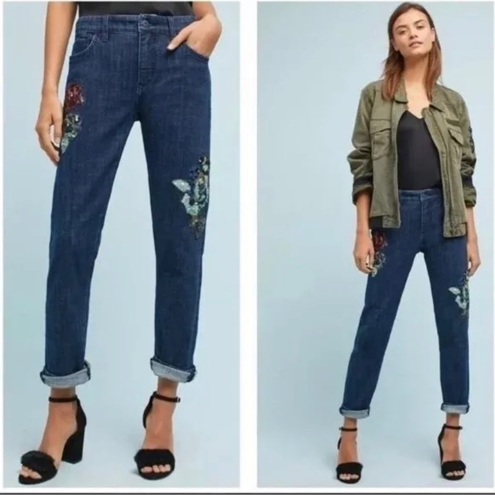 Anthropologie PILCRO Sequin Floral Slim Boyfriend Jean Size 25